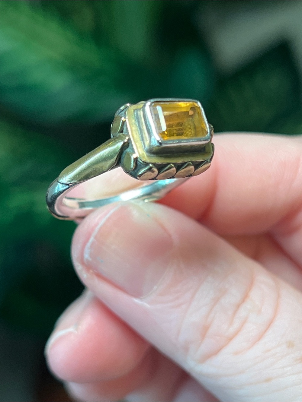 VTG Etruscan Style Gold Brass Petal Sterling Silver Emerald Cut Citrine Ring - Picture 6 of 9
